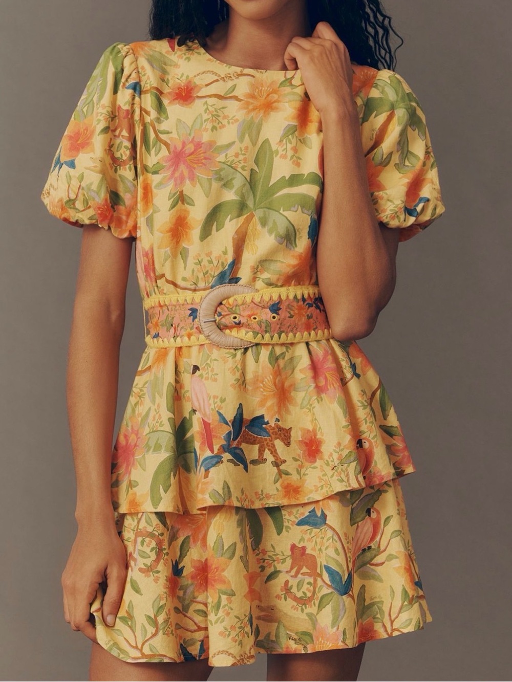 NWT FARM Rio x Anthropologie Yellow Tropical Floral Dress with size L